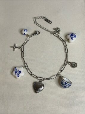 Handmade Silver Porcelain/Locket Charm Bracelet